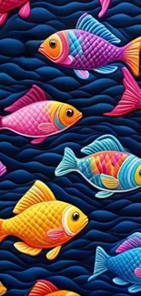Colorful and vibrant fish pattern on a navy blue background.
