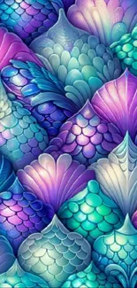 Vibrant fish scale wallpaper in purple, blue, and green tones.