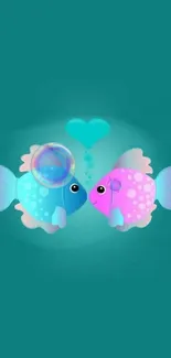 Colorful fish with heart bubble on turquoise background.