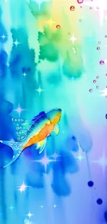 Vibrant watercolor fish wallpaper with bubbles.