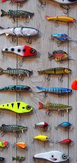 Colorful fishing lures on wooden background.