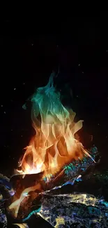 Colorful flames against a dark background, ideal for phone wallpaper.