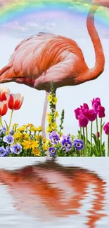 Vibrant flamingo with flowers and rainbow reflection wallpaper.