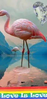 Flamingo by a lake with rainbow heart and mountains.