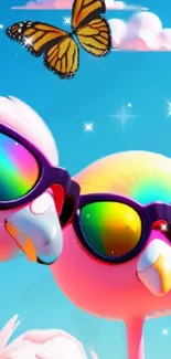 Colorful flamingos with sunglasses and a butterfly on a bright blue sky.