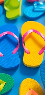 Vibrant colorful flip-flops on display.