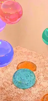 Vibrant 3D bubbles floating over a pastel carpet.