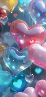 Colorful heart-shaped balloons floating, vibrant design.