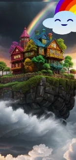 Floating island with colorful houses and rainbow in a dreamy sky.