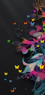 Colorful abstract floral design on black background wallpaper.