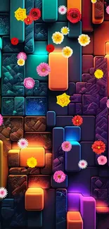 Colorful geometric wallpaper with vibrant flowers on a digital abstract background.