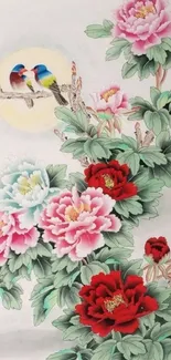 Beautiful watercolor of peony flowers and birds in Asian style.