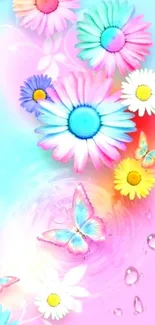 Colorful floral and butterfly mobile wallpaper with pastel hues.