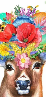 Colorful floral crowned deer on white background.