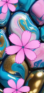 Colorful stones with pink flowers in abstract style.