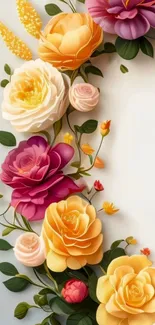 Vibrant floral art wallpaper with roses in orange, pink, and white hues on a mobile screen.