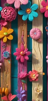 Handcrafted colorful flowers on wooden slats wallpaper.