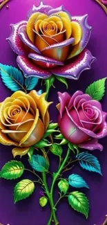 Colorful roses on a purple background wallpaper.