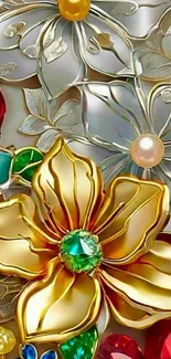Elegant floral art with golden flower and jewels.