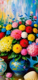 Vibrant colorful floral art wallpaper with a bouquet of flowers in a vase.