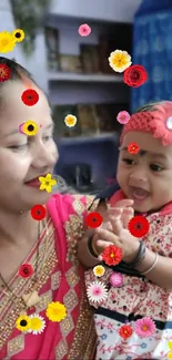 Mother and baby enjoying colorful floral decor.