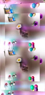 Mobile wallpaper with colorful balloons and flowers, set on a beige background.