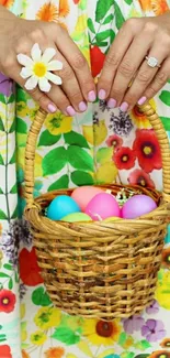 Colorful floral dress with wicker basket and pastel eggs.