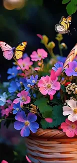 Basket of colorful flowers with butterflies hovering.