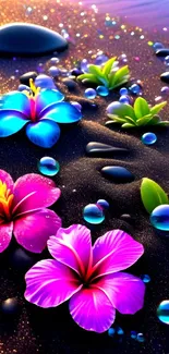 Vibrant pink and blue flowers on black sand beach wallpaper.