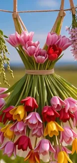 Colorful bouquet of tulips and lilies hanging on a line.