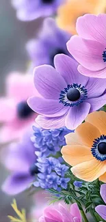 Colorful bouquet of purple, pink, and yellow flowers.