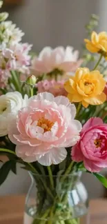 Vibrant floral bouquet with pink, yellow, and white flowers in a vase.