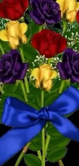 Bouquet of colorful flowers with blue ribbon