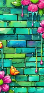 Vibrant floral pattern on a colorful aqua brick wall.