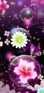 Colorful floral bubbles with butterfly on a purple background.