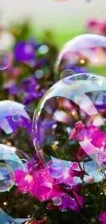 Vibrant wallpaper with bubbles among pink and purple flowers.