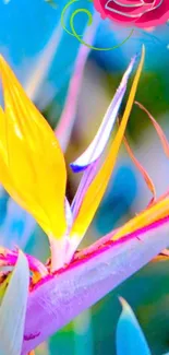 Vibrant yellow tropical flower on a colorful background.