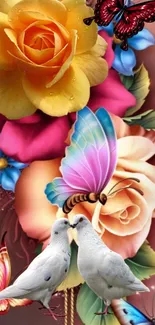 Vibrant flowers, butterflies, and doves on a colorful wallpaper.