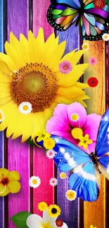 Colorful wallpaper with flowers and butterflies on a wooden background.