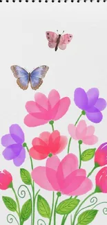 Vibrant wallpaper with flowers and butterflies in pink and purple hues.