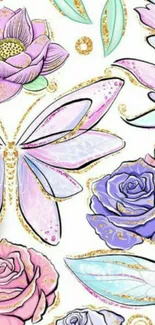 Pastel floral and butterfly design with gold accents.