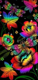 Vibrant artwork of colorful butterflies and flowers on a black background.