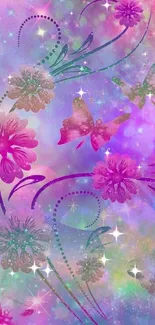 Vibrant floral and butterfly wallpaper with a colorful artistic design.