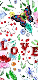 Colorful butterfly and floral watercolor art with 'LOVE' text.