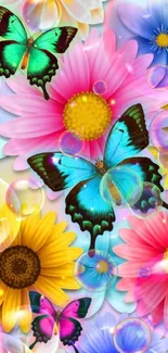 Colorful butterflies and flowers wallpaper for mobile.