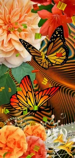 Vibrant butterfly and flower design wallpaper with orange and green hues.