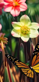 Vibrant wallpaper featuring colorful flowers and a butterfly.