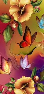 Vibrant floral and butterfly wallpaper design with red and gold colors.