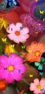 Vibrant floral wallpaper with butterflies and colorful flowers for mobile devices.