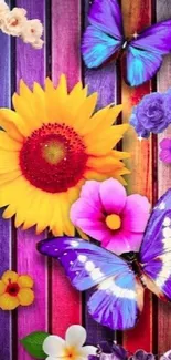 Colorful flowers and butterflies on a vibrant background.